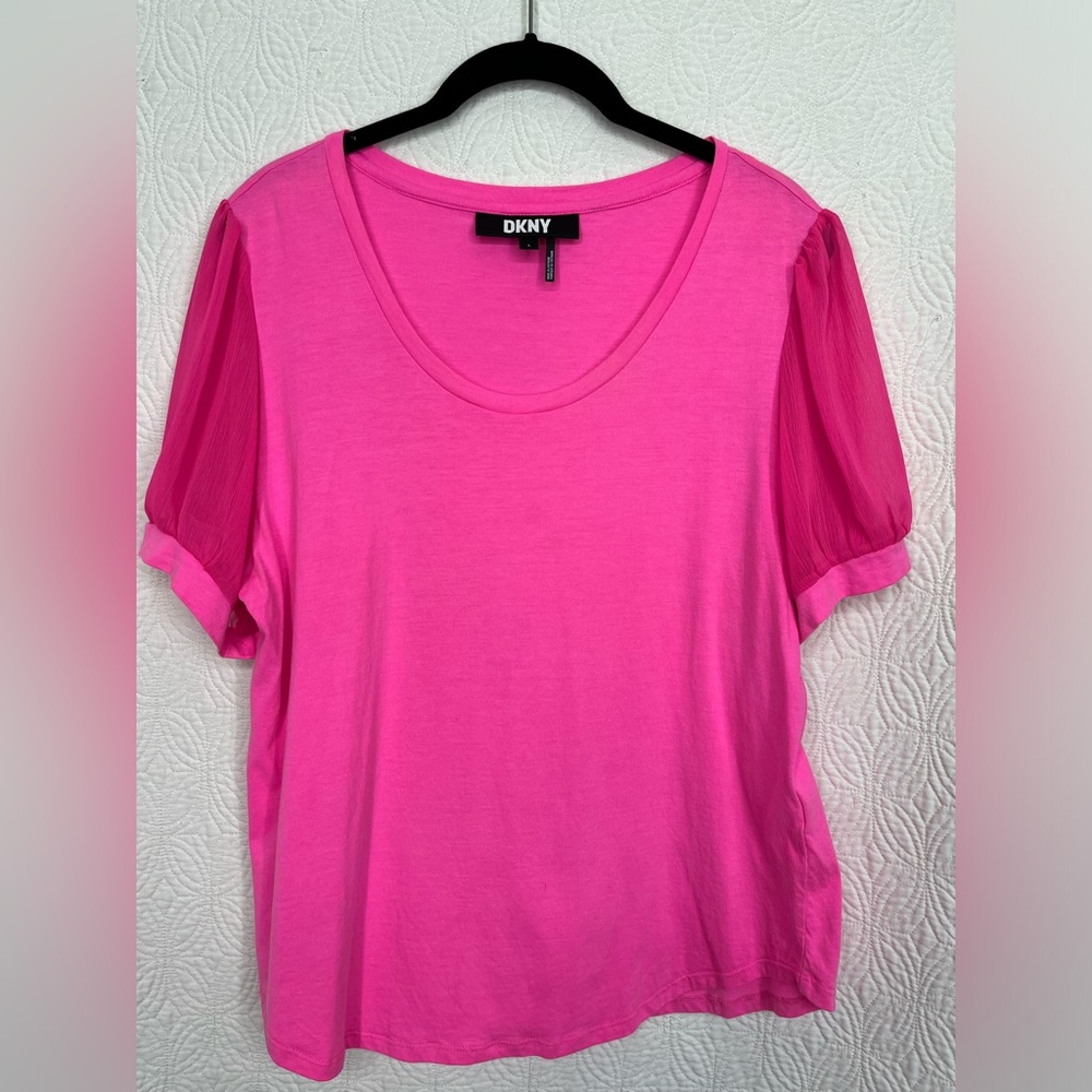 DKNY Mixed Media Tee size L Pink Sheer sleeve.  Like new!